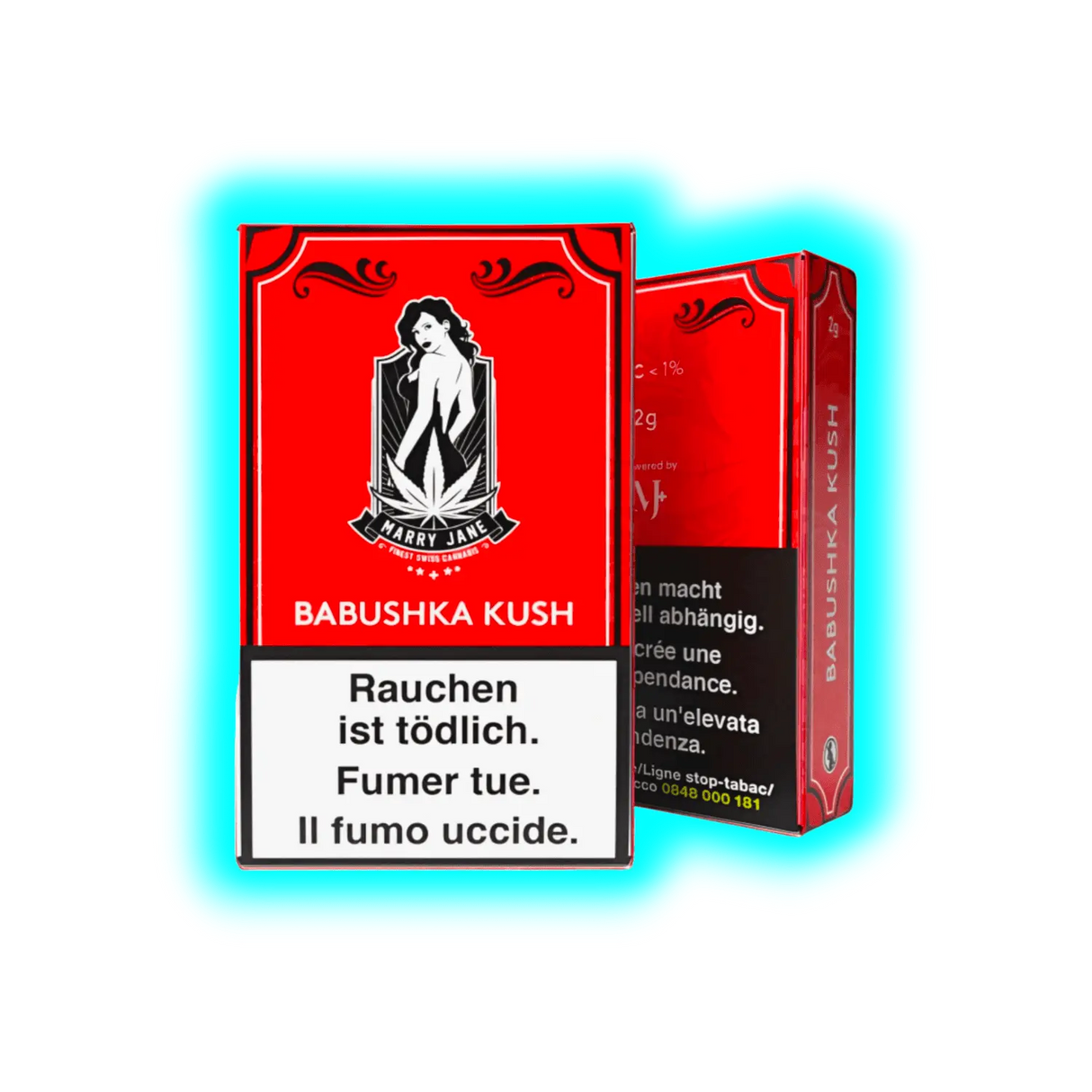 Eine Zigarettenschachtel mit der Aufschrift "Babiska Kush" und dem Hinweis auf CBD