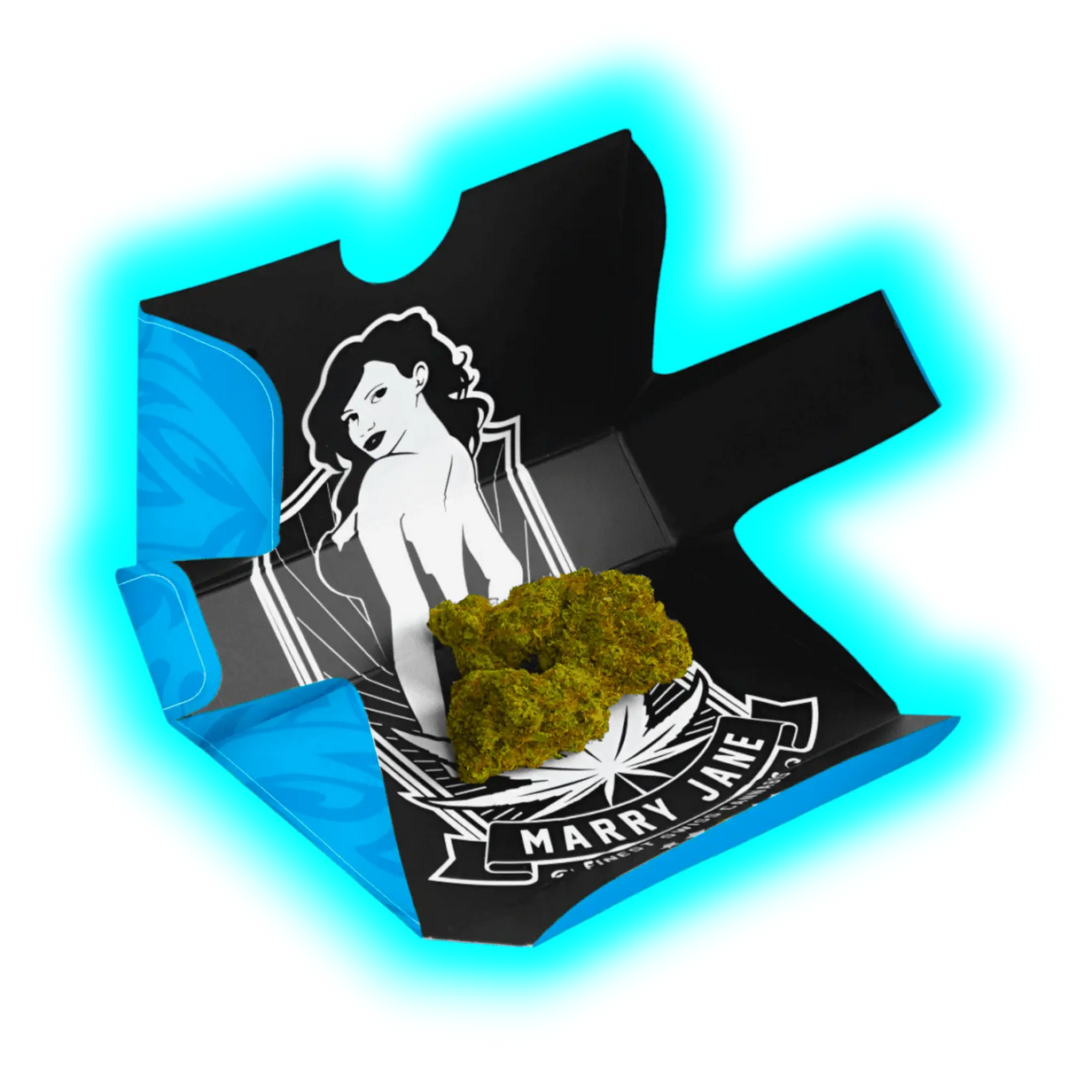 Eine Box mit einer Marihuana-Pflanze und einer Frau, die CBD-Produkte präsentiert.