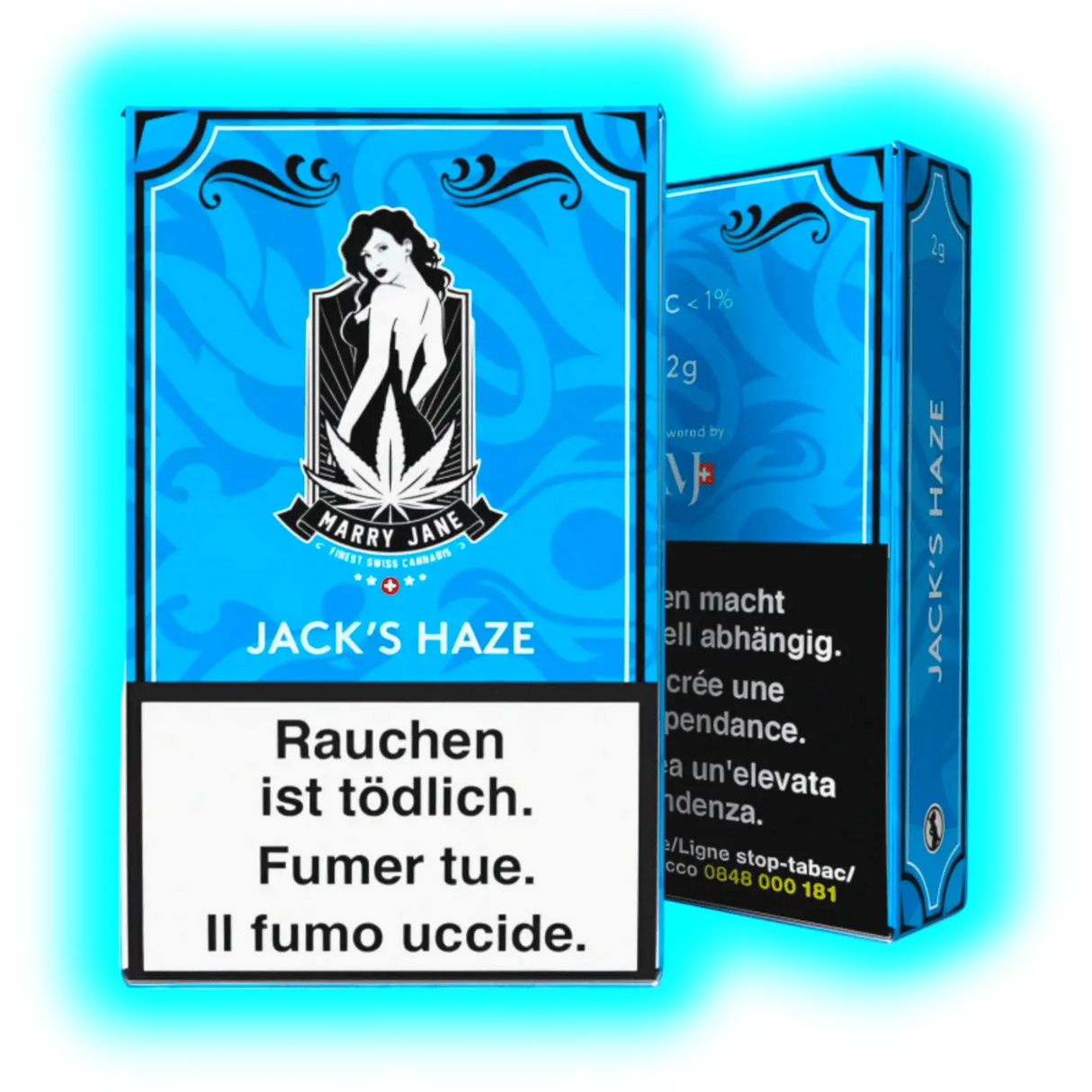 Ausschnitt: Das markante Jack's Smoke Logo auf sattem Blau, kombiniert mit Angaben zum CBD-Inhalt und Warntexten