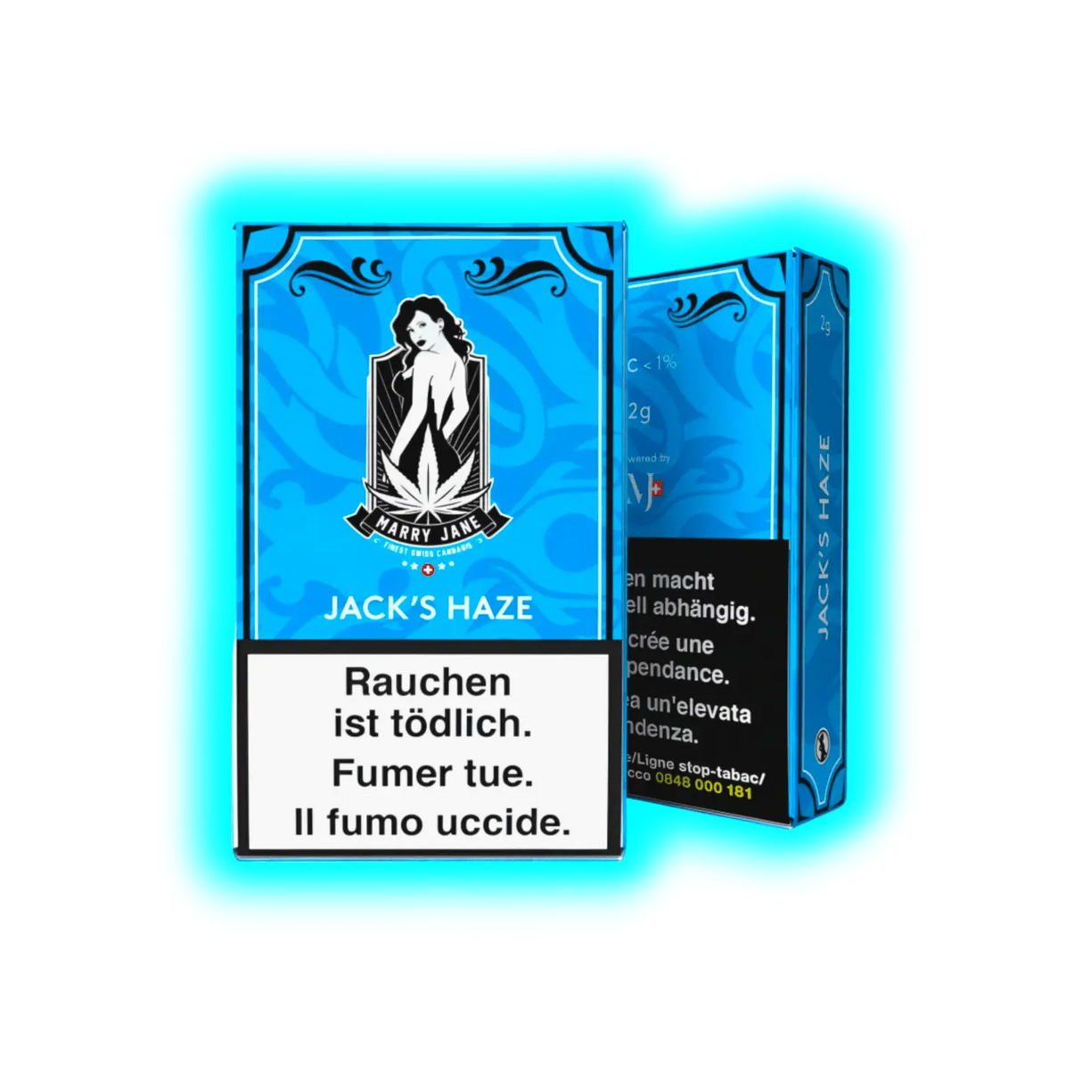 Blaue Verpackung von Jack's Smoke mit CBD-Produkt, das die Marke und den Inhalt klar darstellt