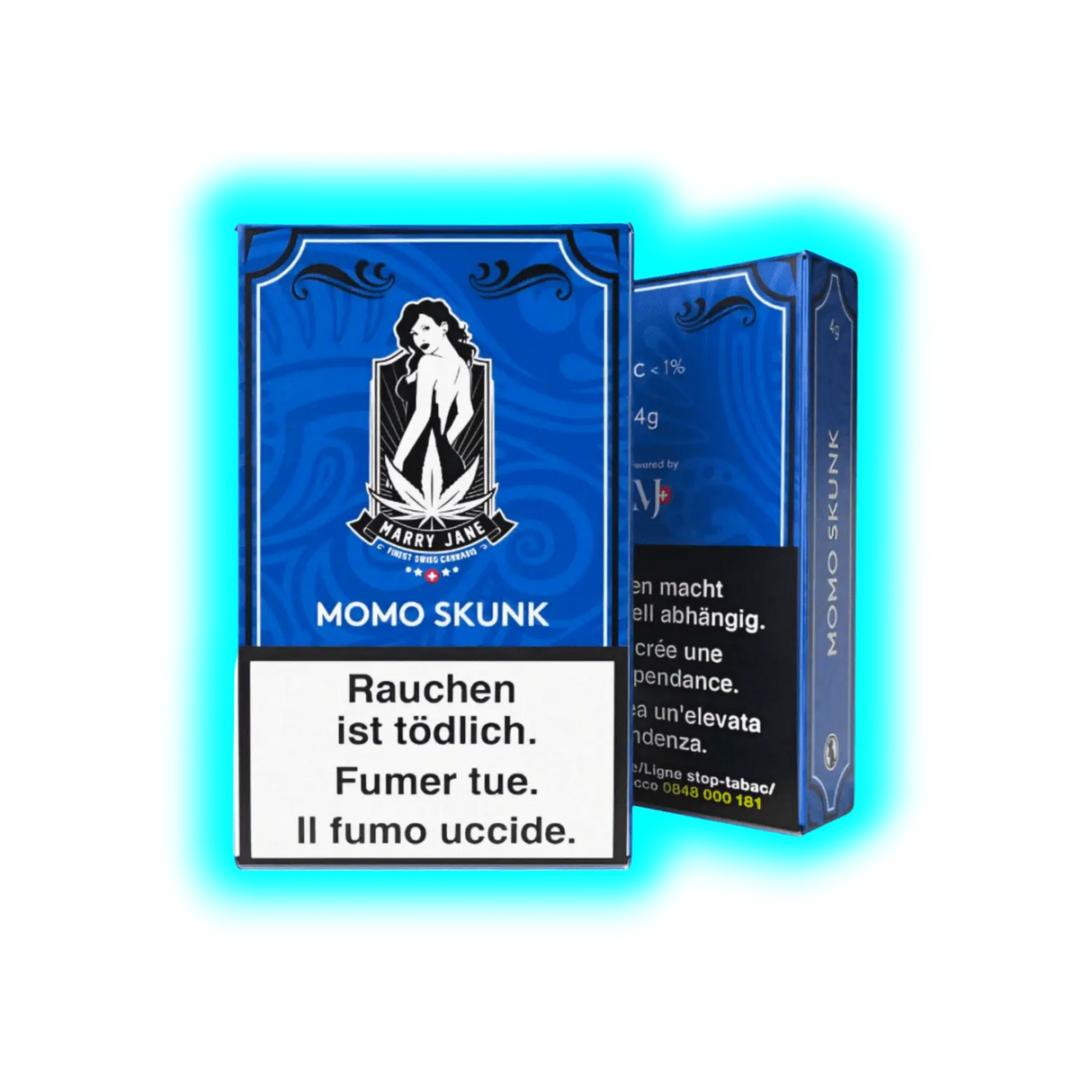 Verpackung von Momo Skunk, einer blauen CBD-Zigarette, mit auffälligem Design und Informationen zur Verwendung