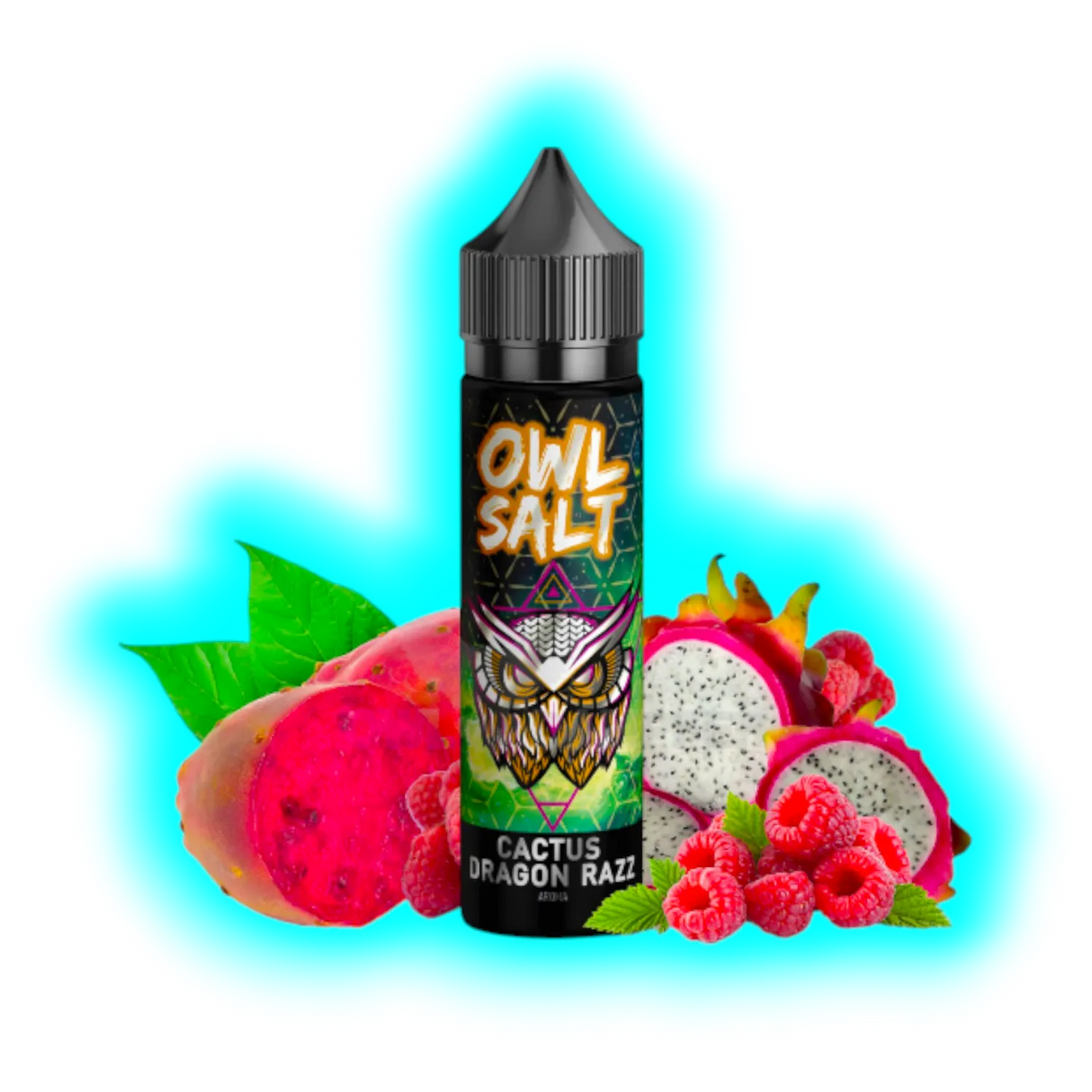 Flasche mit Aufschrift 'OWL SALT CACTUS DRAGON RAZZ' vor Kaktusfeigen, Drachenfrucht und Himbeeren