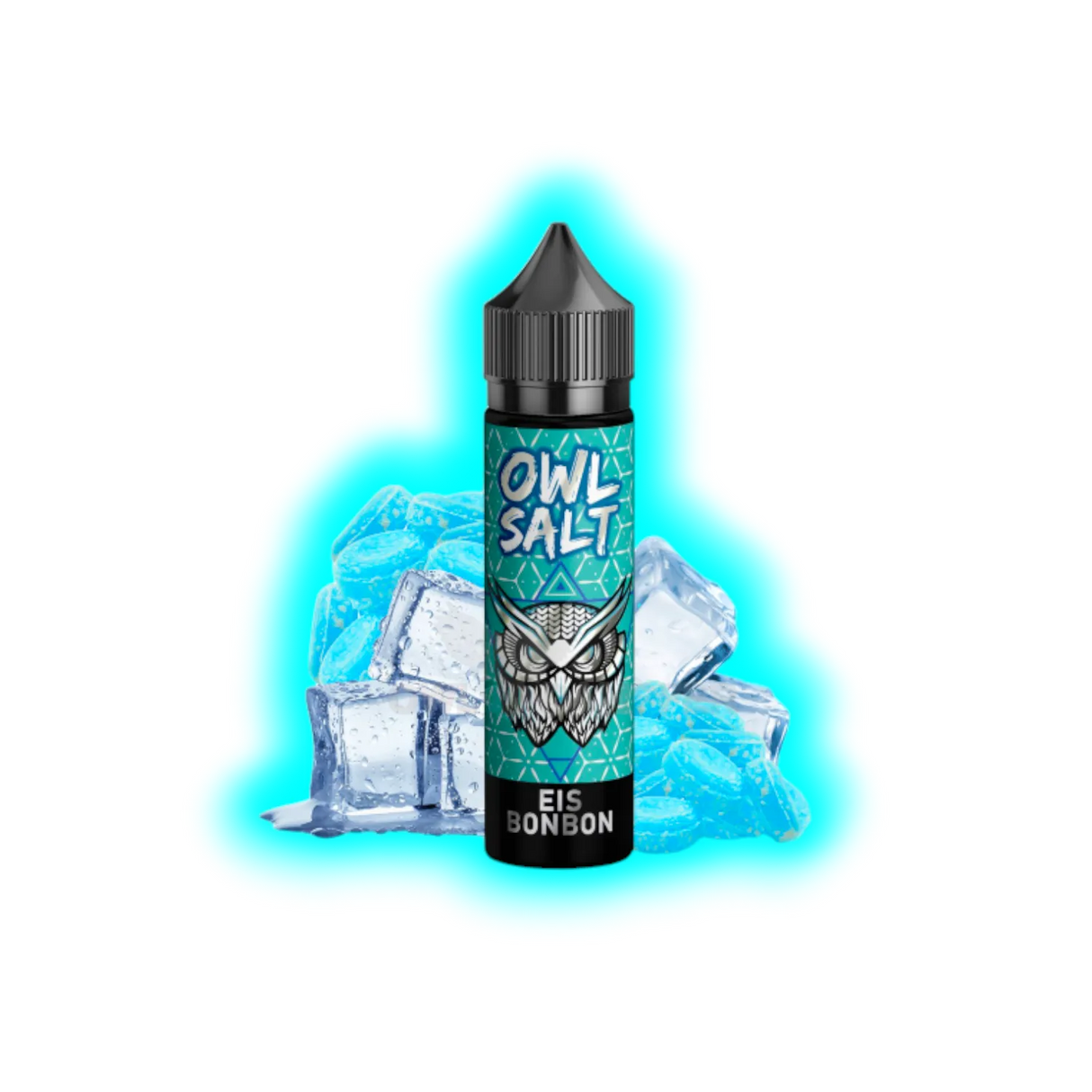Flasche mit schwarzem Deckel und Aufschrift 'OWL SALT EIS BONBON' vor Eiswürfeln