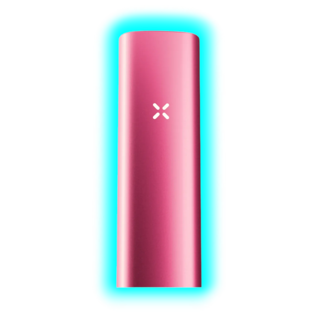 Schlankes, zylindrisches Gerät in Pink mit einem leuchtenden X-Symbol in der Mitte