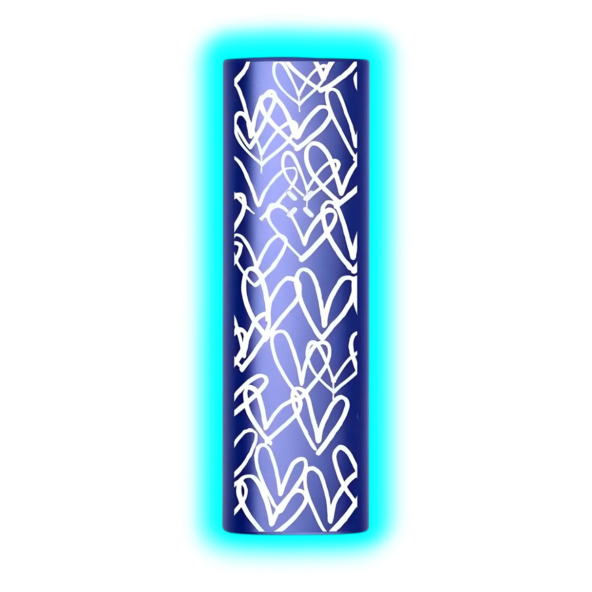 Zylindrischer Vaporizer mit blauem Gehäuse und weißem ineinander verschlungenem Herzmuster