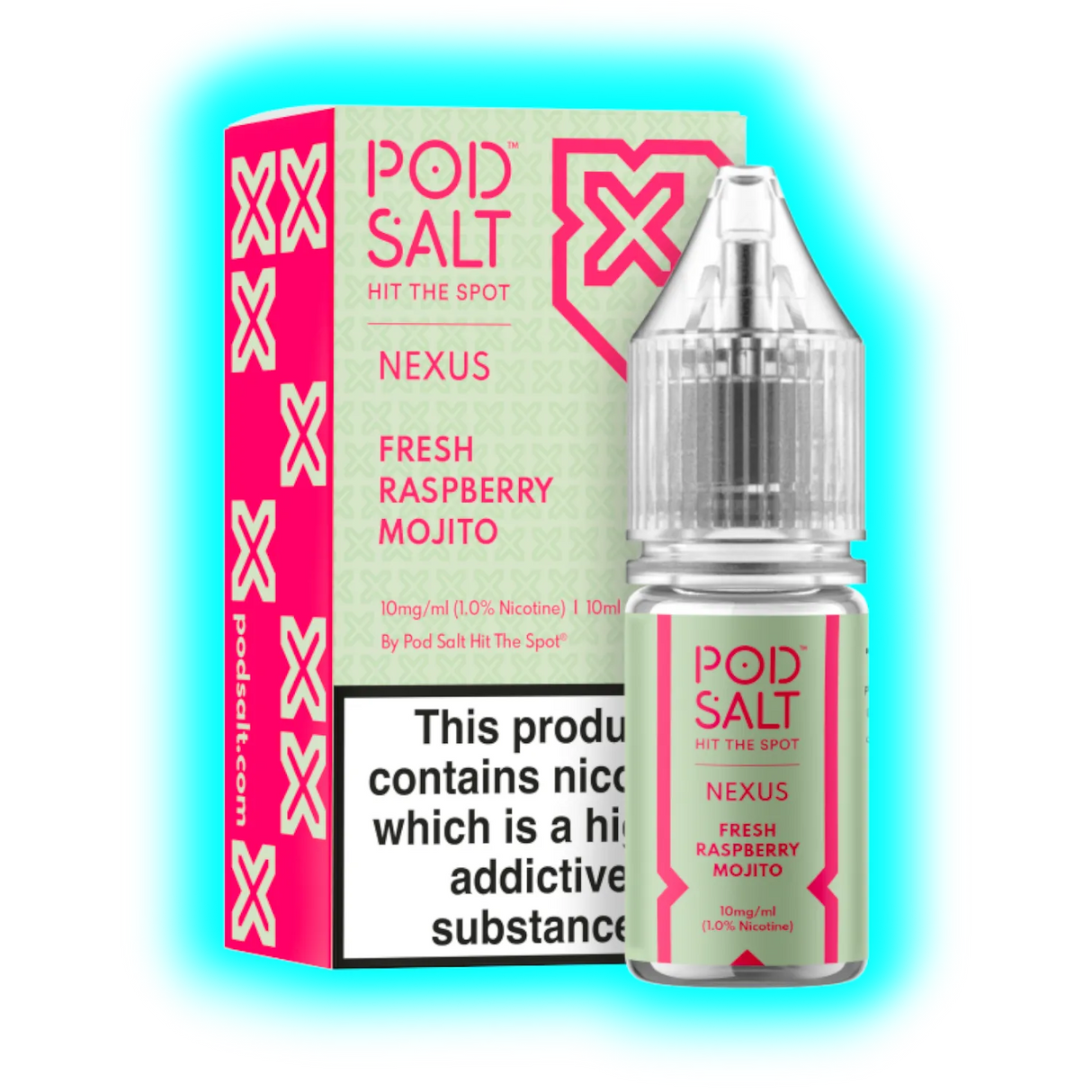 Flasche und Verpackung von Pod Salt Nexus Fresh Raspberry Mojito Nikotinsalz mit Warnhinweis