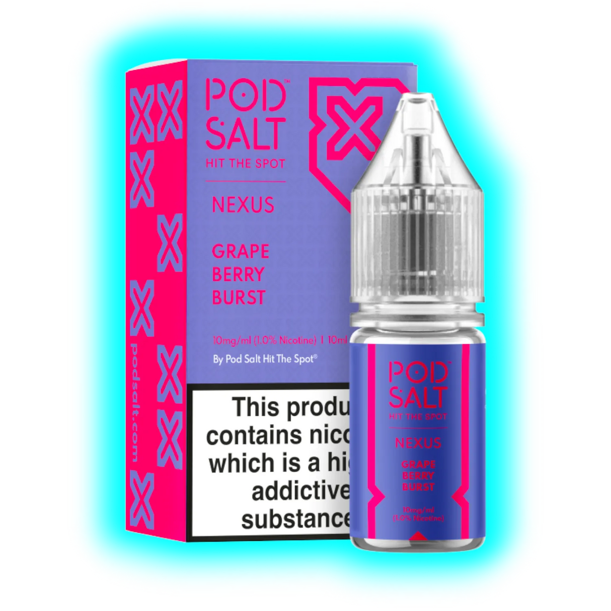 Flasche und Verpackung von Pod Salt Nexus Grape Berry Burst mit Warnhinweis zu Nikotin