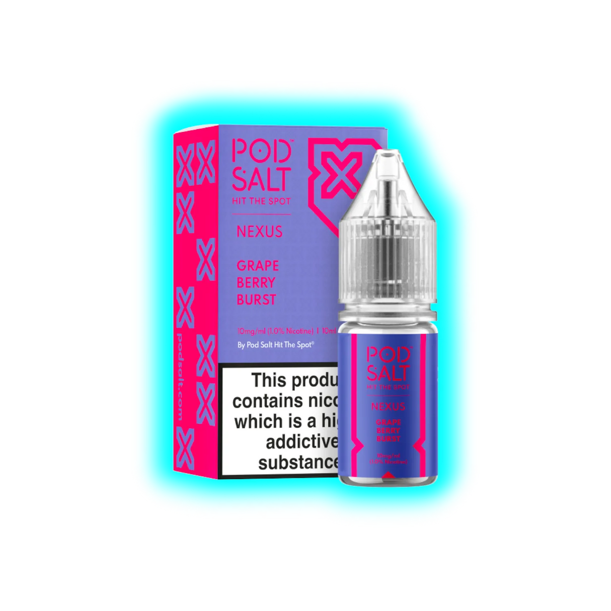Flasche und Verpackung von Pod Salt Nexus Grape Berry Burst mit Warnhinweis zu Nikotin