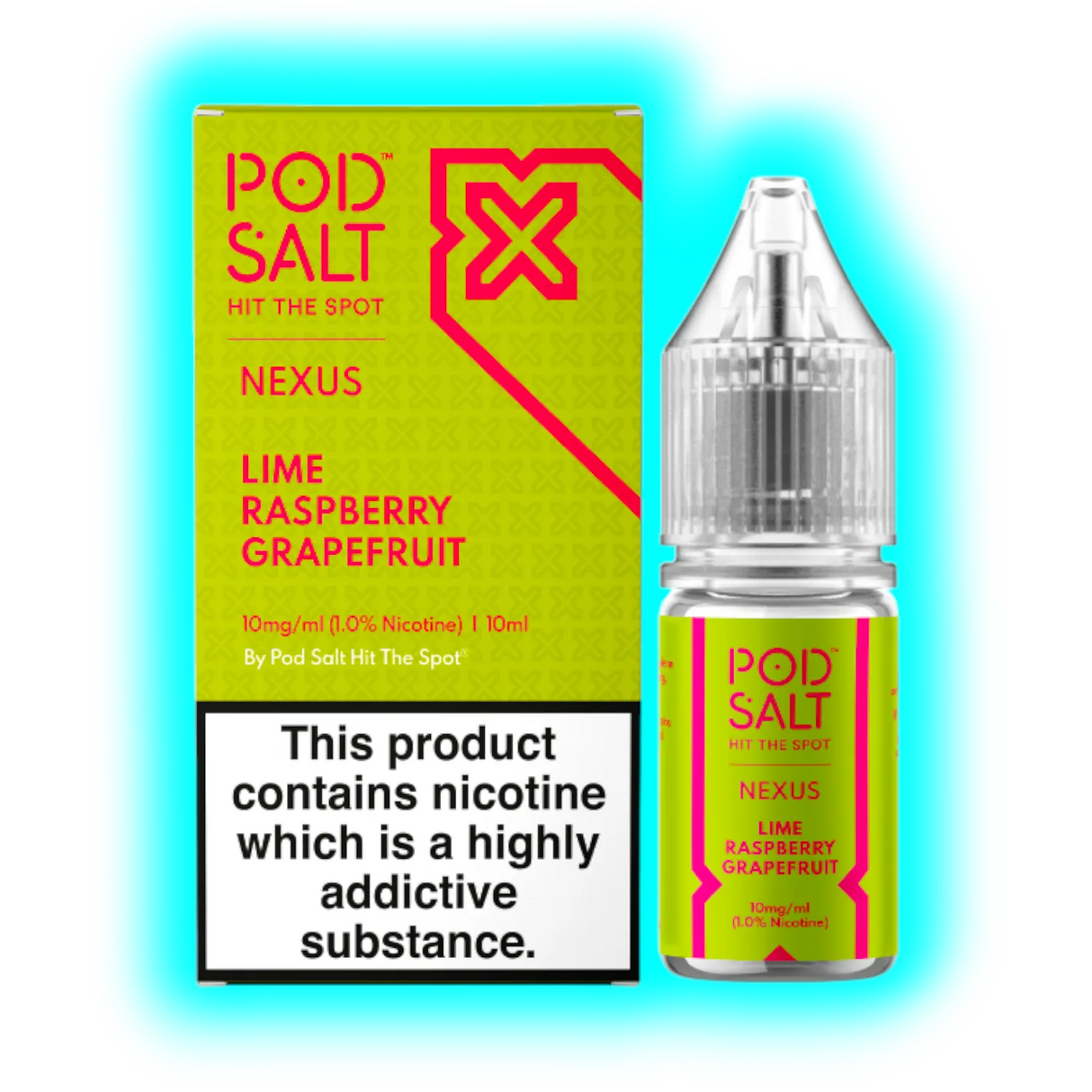 Flasche und Verpackung von Pod Salt Nexus mit Geschmack Lime Raspberry Grapefruit und 10 mg/ml Nikotin