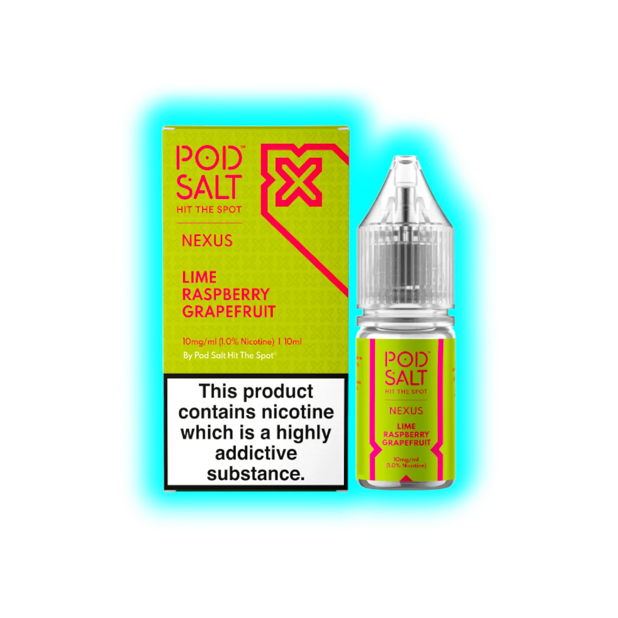 Flasche und Verpackung von Pod Salt Nexus mit Geschmack Lime Raspberry Grapefruit und 10 mg/ml Nikotin