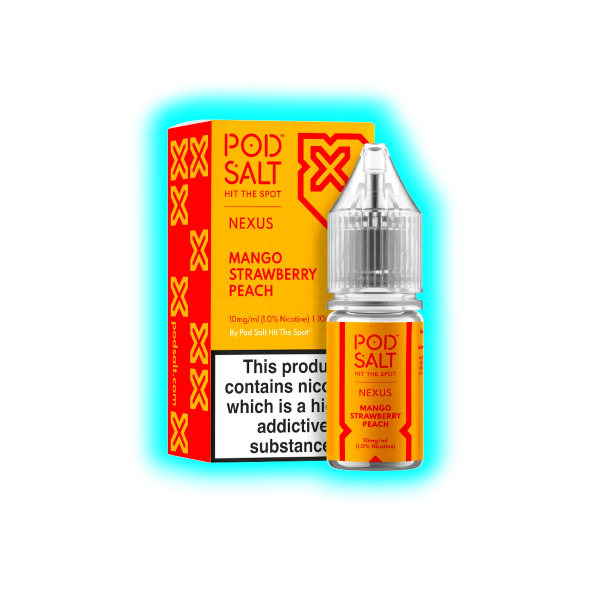 Verpackung und Flasche eines Pod Salt Nexus E-Liquids mit Mango-, Erdbeer- und Pfirsichgeschmack