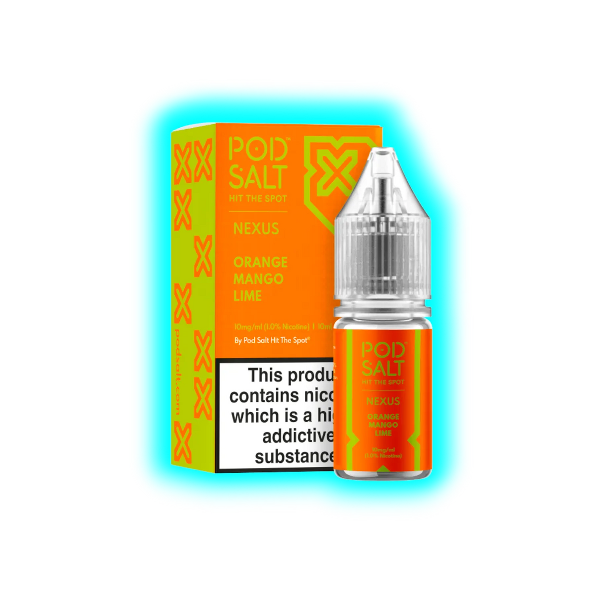 Flasche und Verpackung von Pod Salt Nexus mit Orange-Mango-Limetten-Geschmack und Warnhinweis zu Nikotin