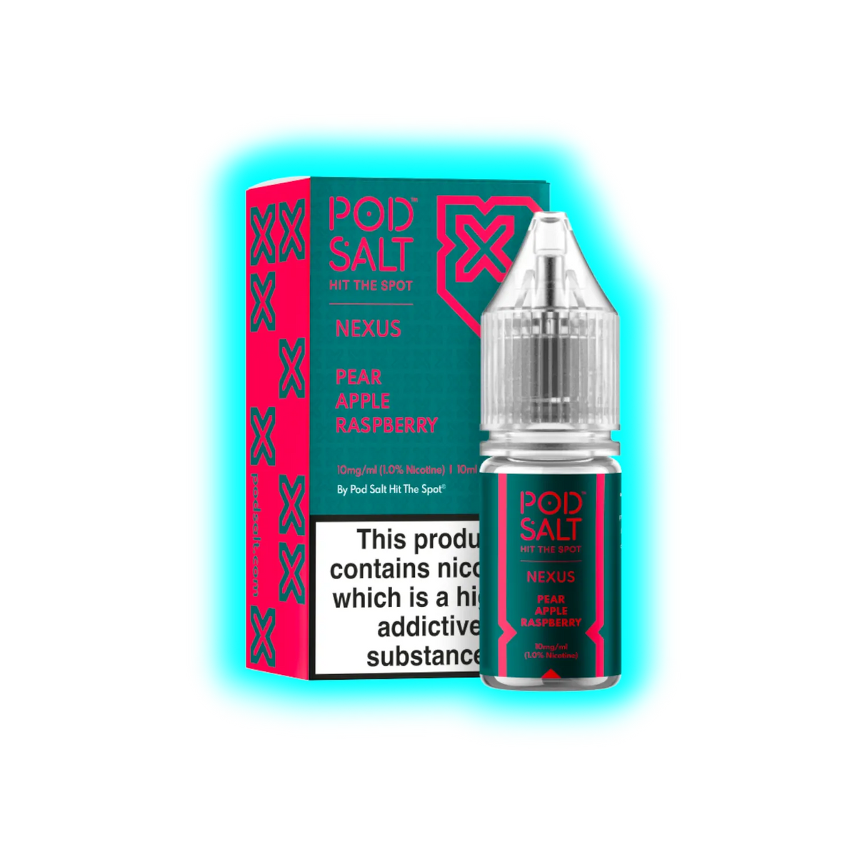 Flasche und Verpackung von Pod Salt Nexus Nikotinsalz mit den Geschmacksrichtungen Birne, Apfel und Himbeere