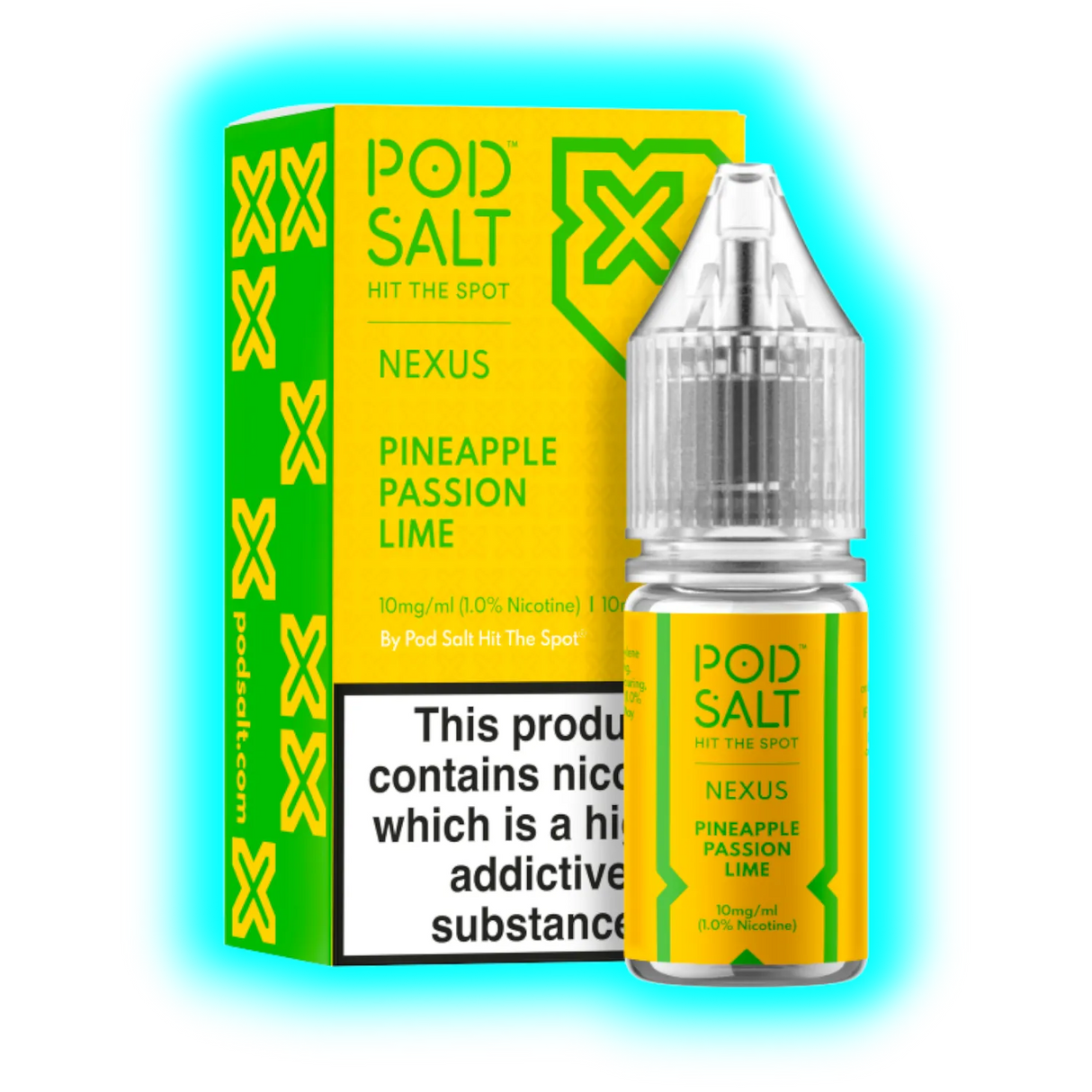 Gelb-grüne Verpackung und Flasche mit Aufschrift 'POD SALT NEXUS PINEAPPLE PASSION LIME' und Warnhinweis zu Nikotin