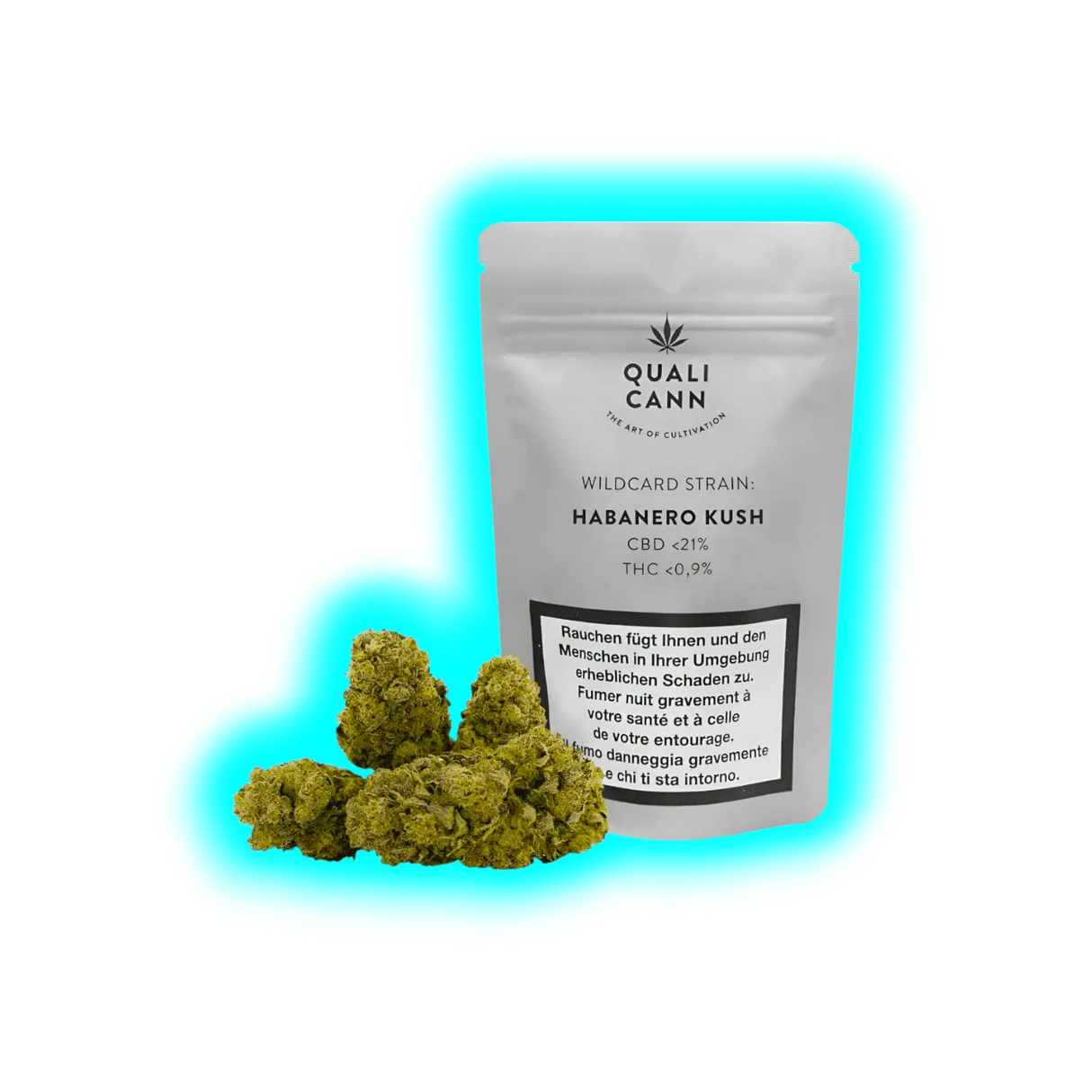 Qualicann Wildcard Strain: Habanero Kush‘ (CBD <21%, THC <0,9%) neben mehreren kompakten Cannabisblüten. Weiße Verpackung.