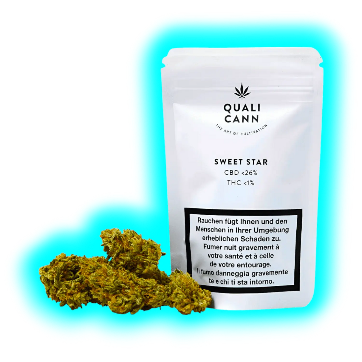 Ausschnitt: Qualicann Sweet Star CBD-Blüten neben der Originalverpackung mit Fokus auf Sortenname und Inhaltsstoff-Werte.
