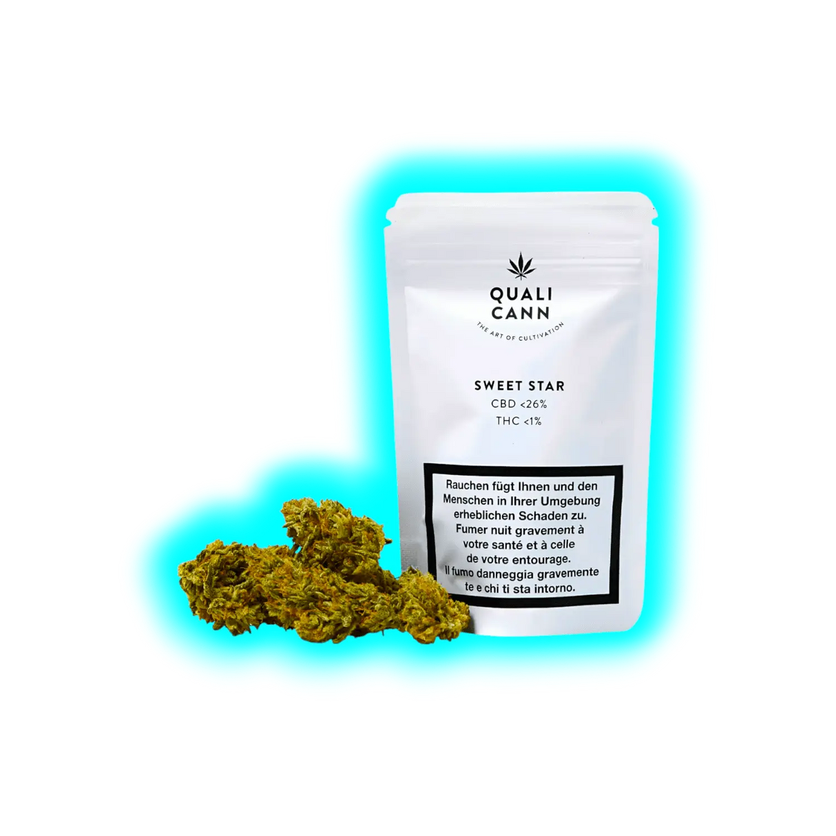 Zwei CBD-Buds präsentiert vor der ‚Qualicann Sweet Star‘ Packung. Details: <26% CBD, <1% THC auf weißem Hintergrund.
