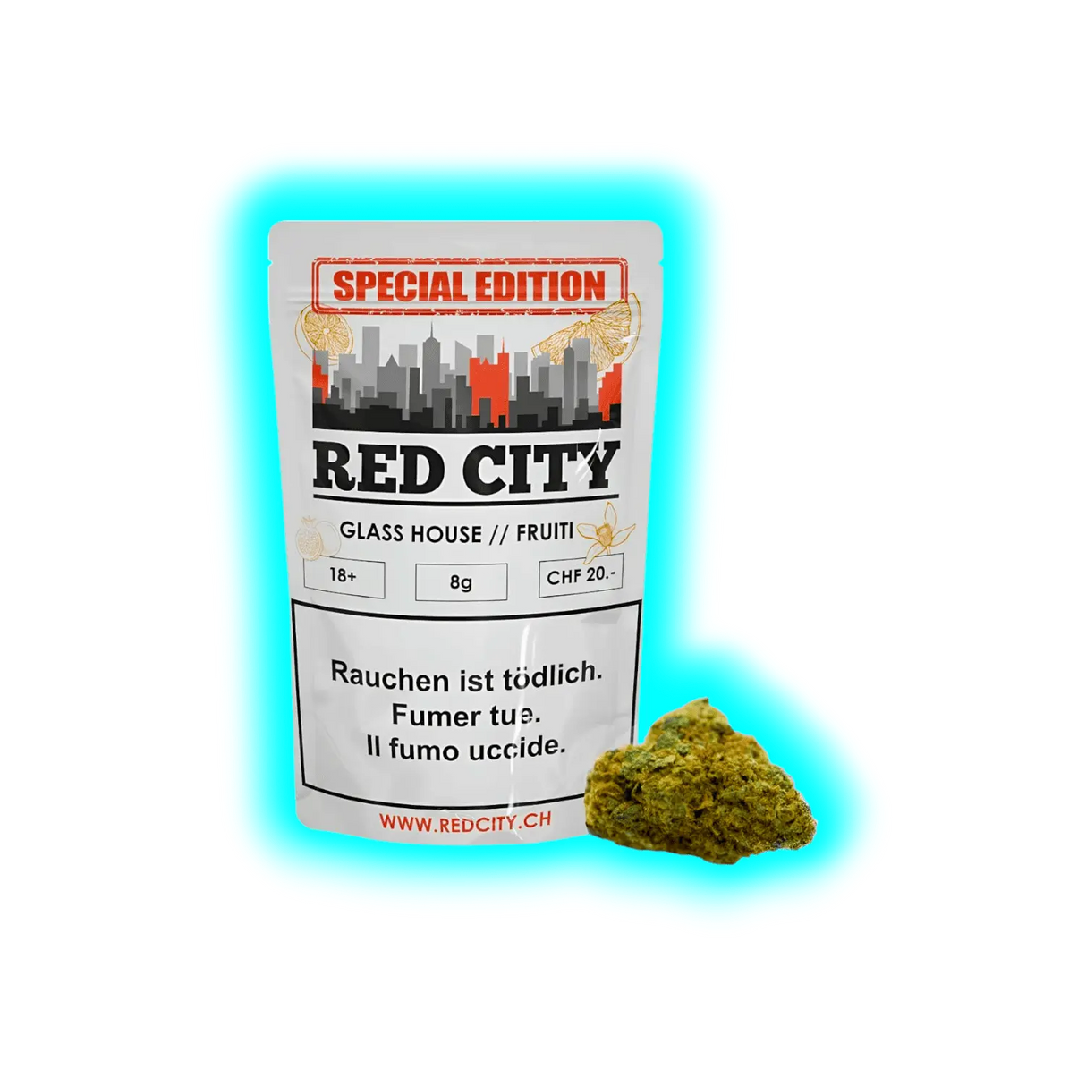 „Special Edition Red City Glass House // Fruiti‘ (8g, 20.- CHF) mit CBD-Blütenstück und mehrsprachigen Warnhinweisen (DE/FR/IT).