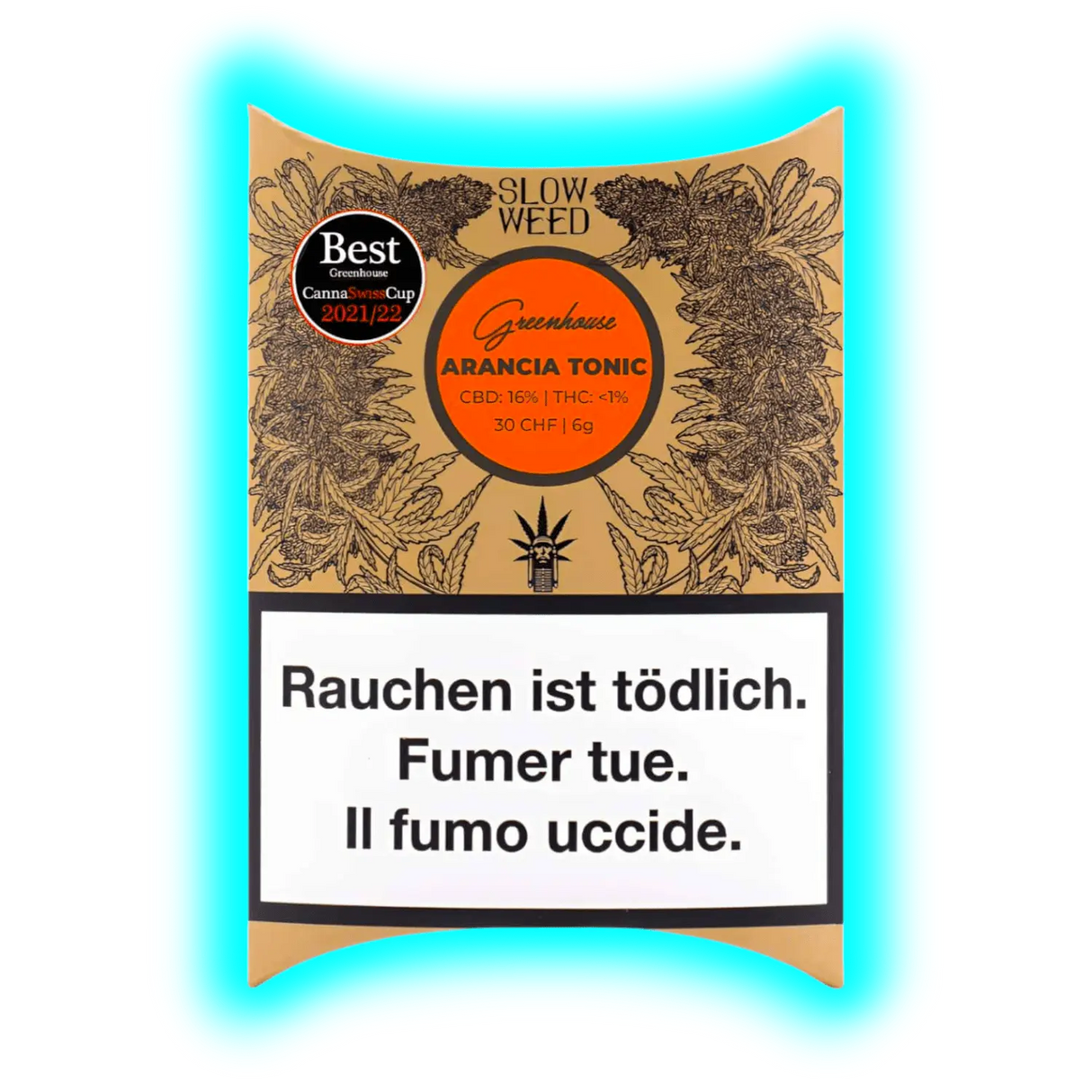 Arancia Tonic: CBD-Verpackung mit Preis- und Gehaltsangabe sowie mehrsprachigen Warnhinweisen zur Gesundheitsschädigung durch Rauchen.