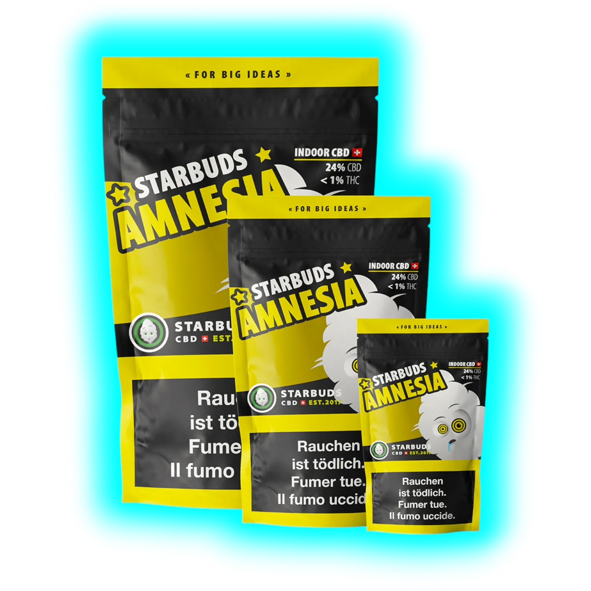 Starbuds Amnesia 20g Indoor Ersatzprodukt Rückseite mit Inhaltsangaben und gesetzlich vorgeschriebenen Warnhinweisen Detailaufnahme