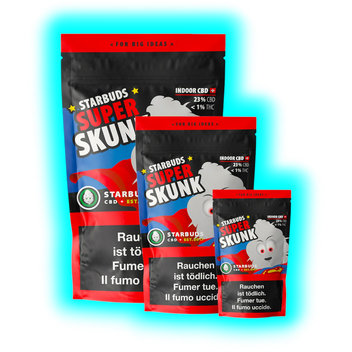 Zentrierter Fokus auf die Sortenbezeichnung Super Skunk und das Starbuds-Branding auf der 10g-Vakuumpackung.