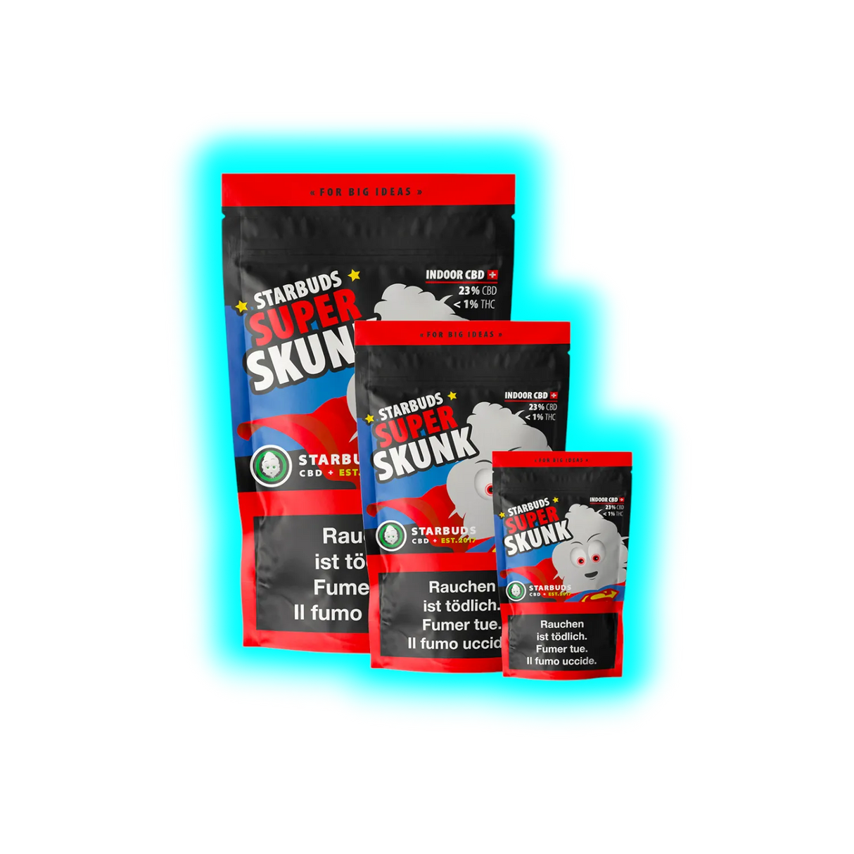 Drei verschiedene Packungsgrössen der Sorte Starbuds Super Skunk Indoor CBD, blaue Verpackung mit Superhelden-Motiv und Warnhinweisen.