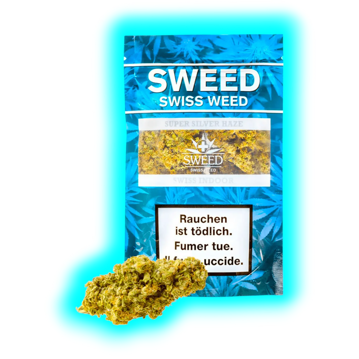 Blaues ‚Sweed Super Silver Haze‘ Päckchen, präsentiert mit einer davor liegenden Blütengruppe und mehrsprachigen Gesundheitshinweisen.