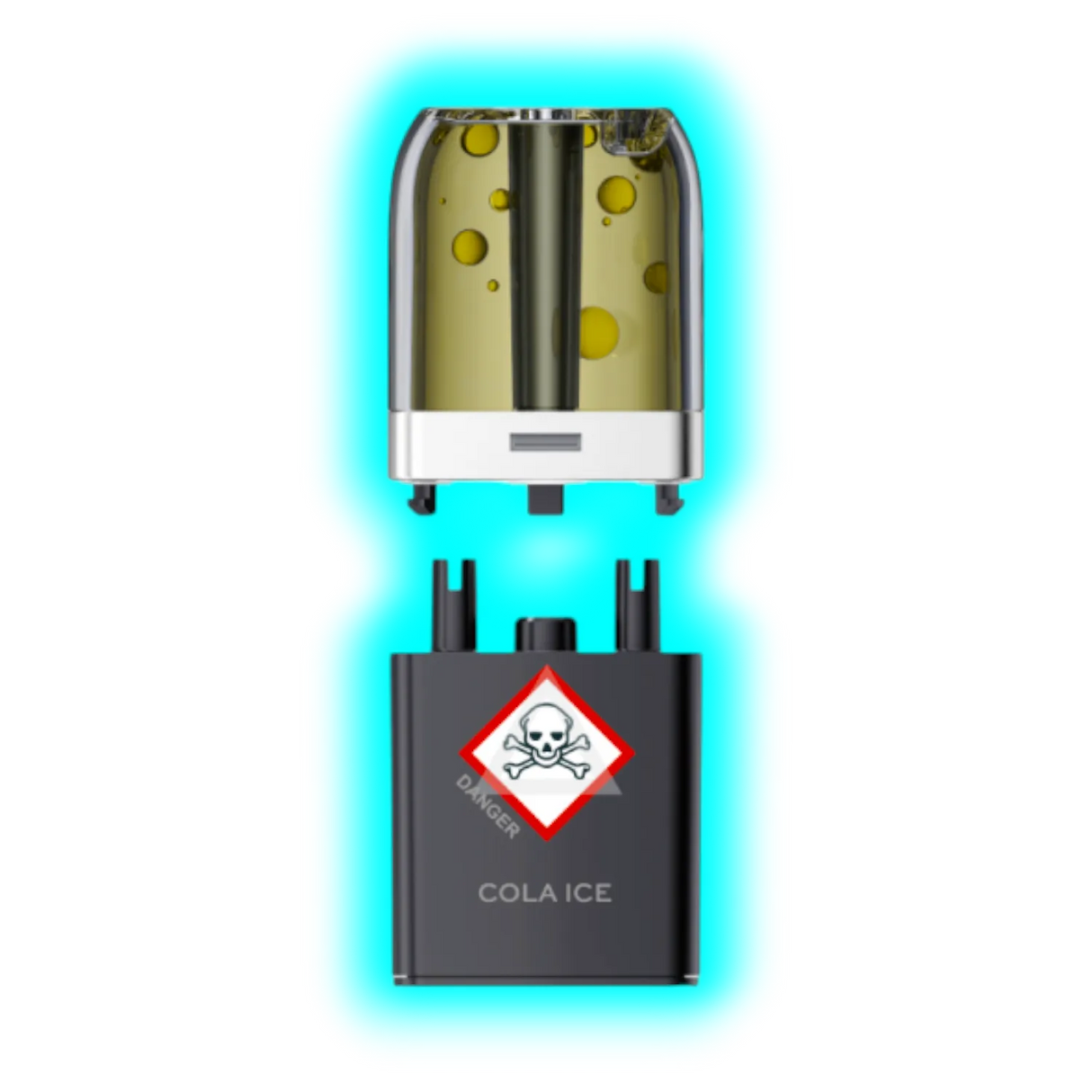 Nahaufnahme eines transparenten Pods mit gelblicher Flüssigkeit und eines schwarzen Containers mit Totenkopfsymbol