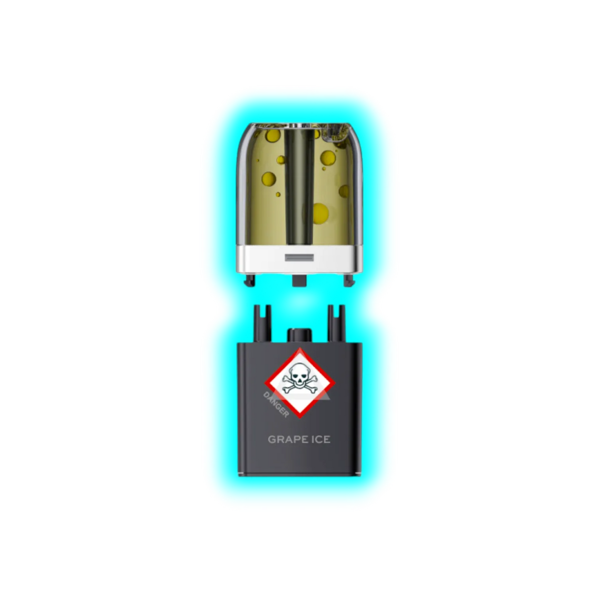 Nahaufnahme eines transparenten Pods mit gelblicher Flüssigkeit und eines schwarzen Containers mit Totenkopfsymbol