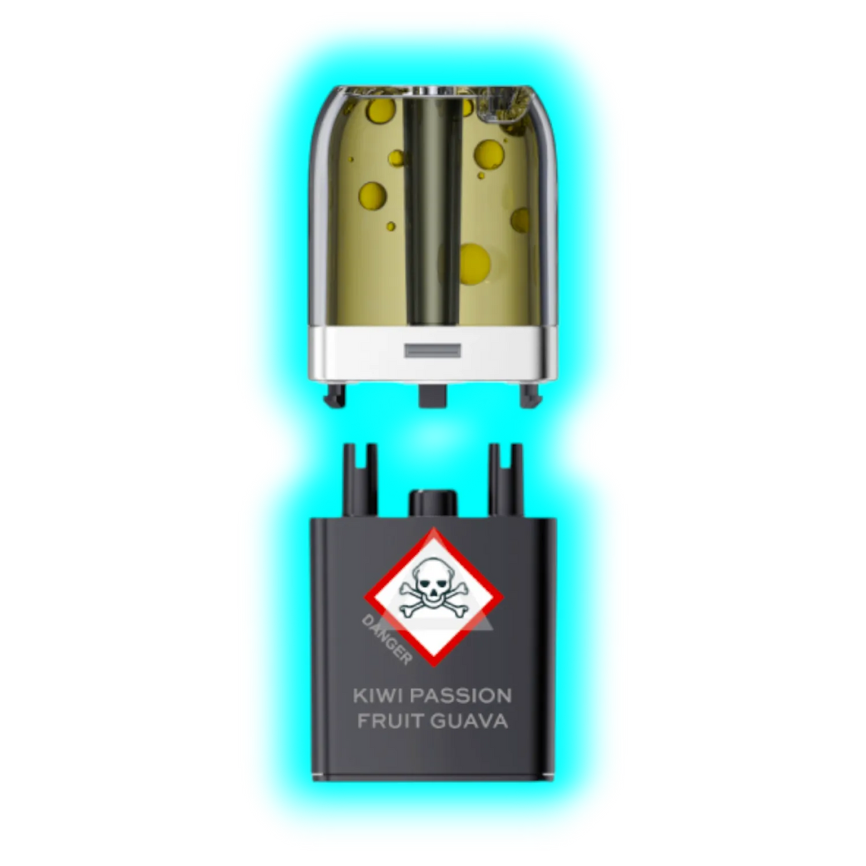 Nahaufnahme eines transparenten Pods mit gelblicher Flüssigkeit und eines schwarzen Containers mit Totenkopfsymbol