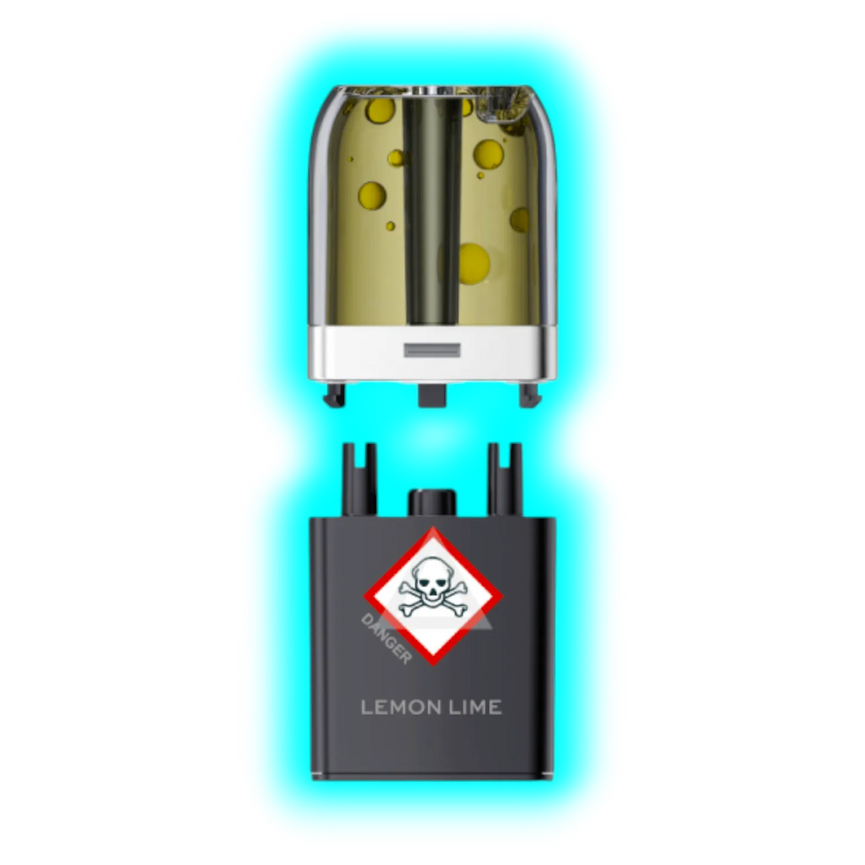 Nahaufnahme eines transparenten Pods mit gelblicher Flüssigkeit und eines schwarzen Containers mit Totenkopfsymbol