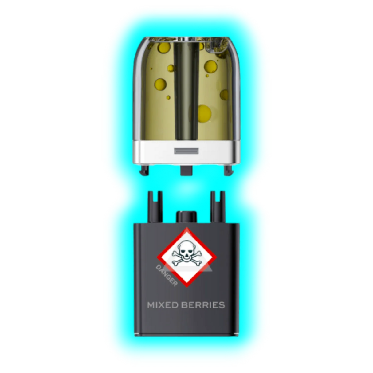 Nahaufnahme eines transparenten Pods mit gelblicher Flüssigkeit und eines schwarzen Containers mit Totenkopfsymbol