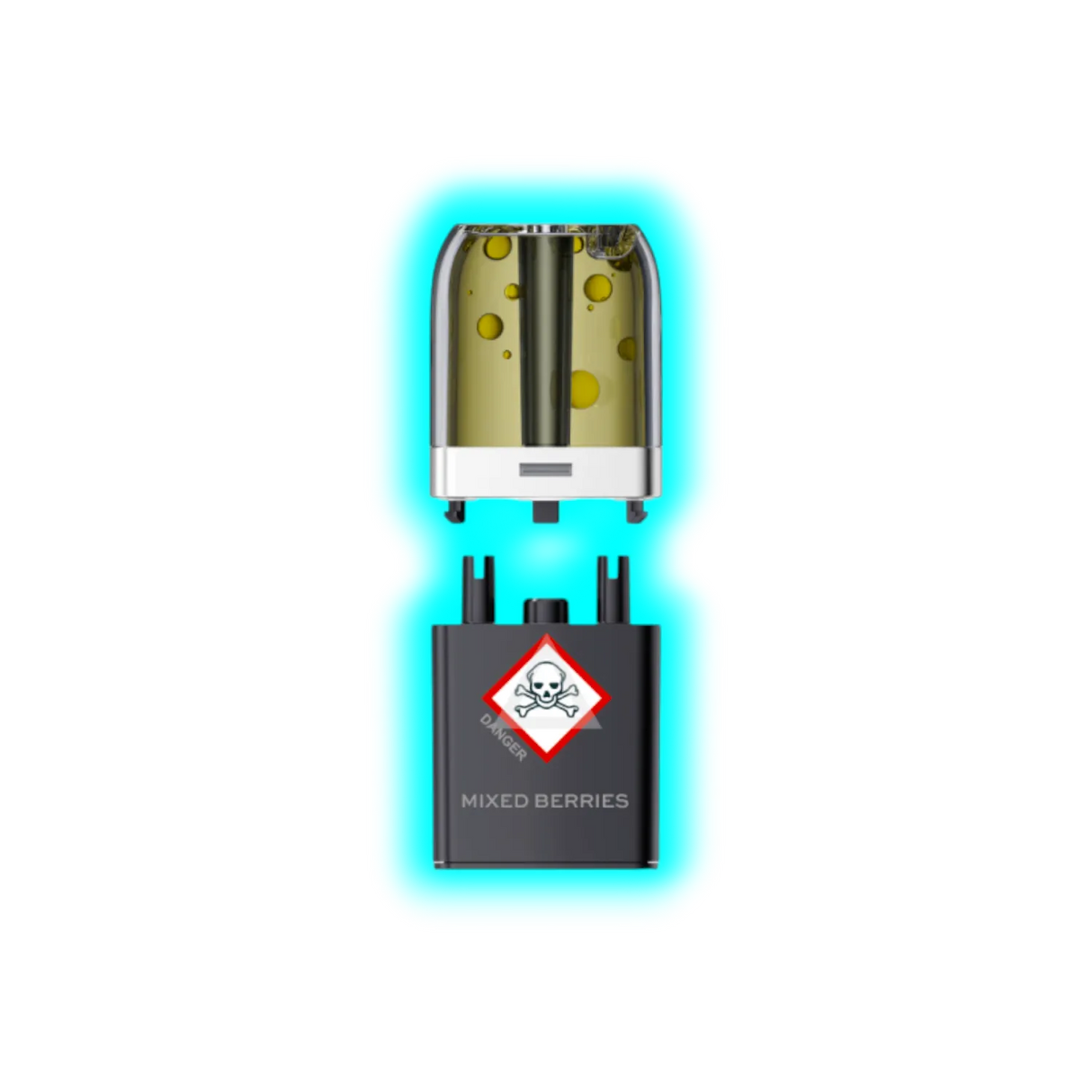 Nahaufnahme eines transparenten Pods mit gelblicher Flüssigkeit und eines schwarzen Containers mit Totenkopfsymbol