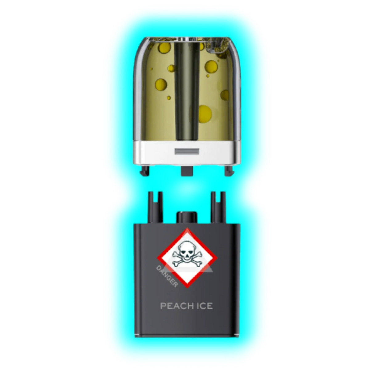 Nahaufnahme eines transparenten Pods mit gelblicher Flüssigkeit und eines schwarzen Containers mit Totenkopfsymbol und der Aufschrift 'PEACH ICE'