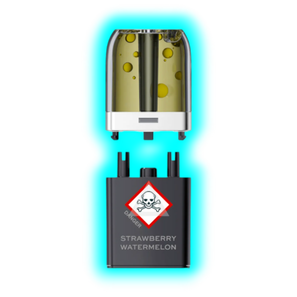 Nahaufnahme eines transparenten Pods mit gelblicher Flüssigkeit und eines schwarzen Containers mit Totenkopfsymbol