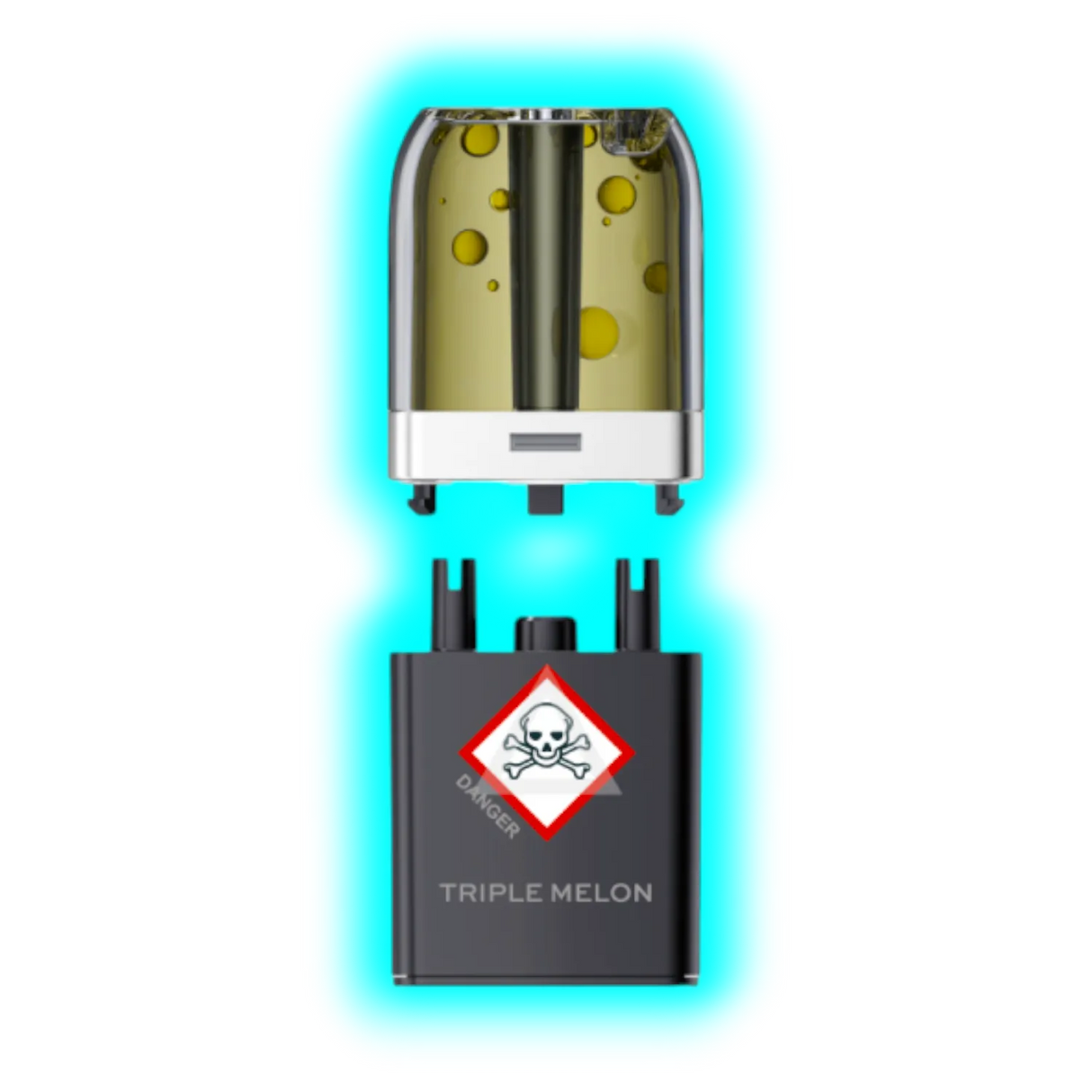 Nahaufnahme eines transparenten Pods mit gelblicher Flüssigkeit und eines schwarzen Containers mit Totenkopfsymbol