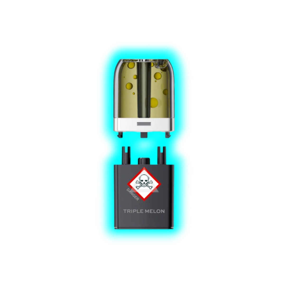 Nahaufnahme eines transparenten Pods mit gelblicher Flüssigkeit und eines schwarzen Containers mit Totenkopfsymbol