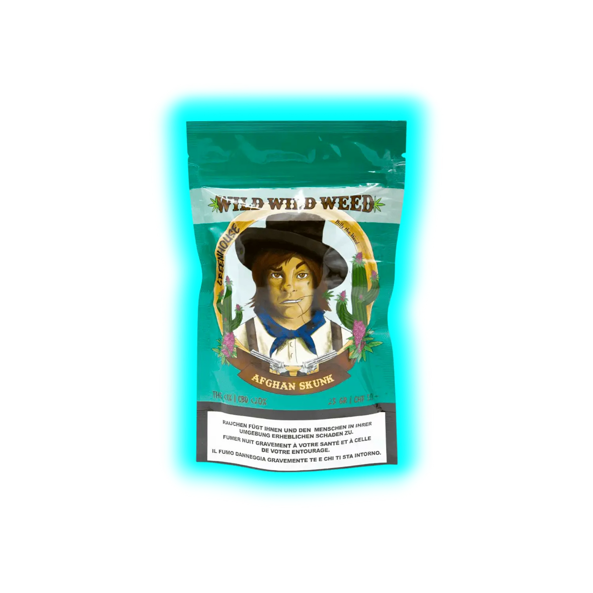 Verpackung mit der Aufschrift 'WILD WILD WEED' und 'AFGHAN SKUNK' mit Illustration einer Person in Cowboyhut und Halstuch vor Kakteen