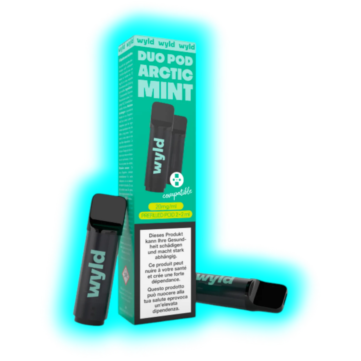 Zwei schwarze Wyld Duo Pod Arctic Mint E-Zigaretten vor und neben einer grünen Verpackung mit Warnhinweis