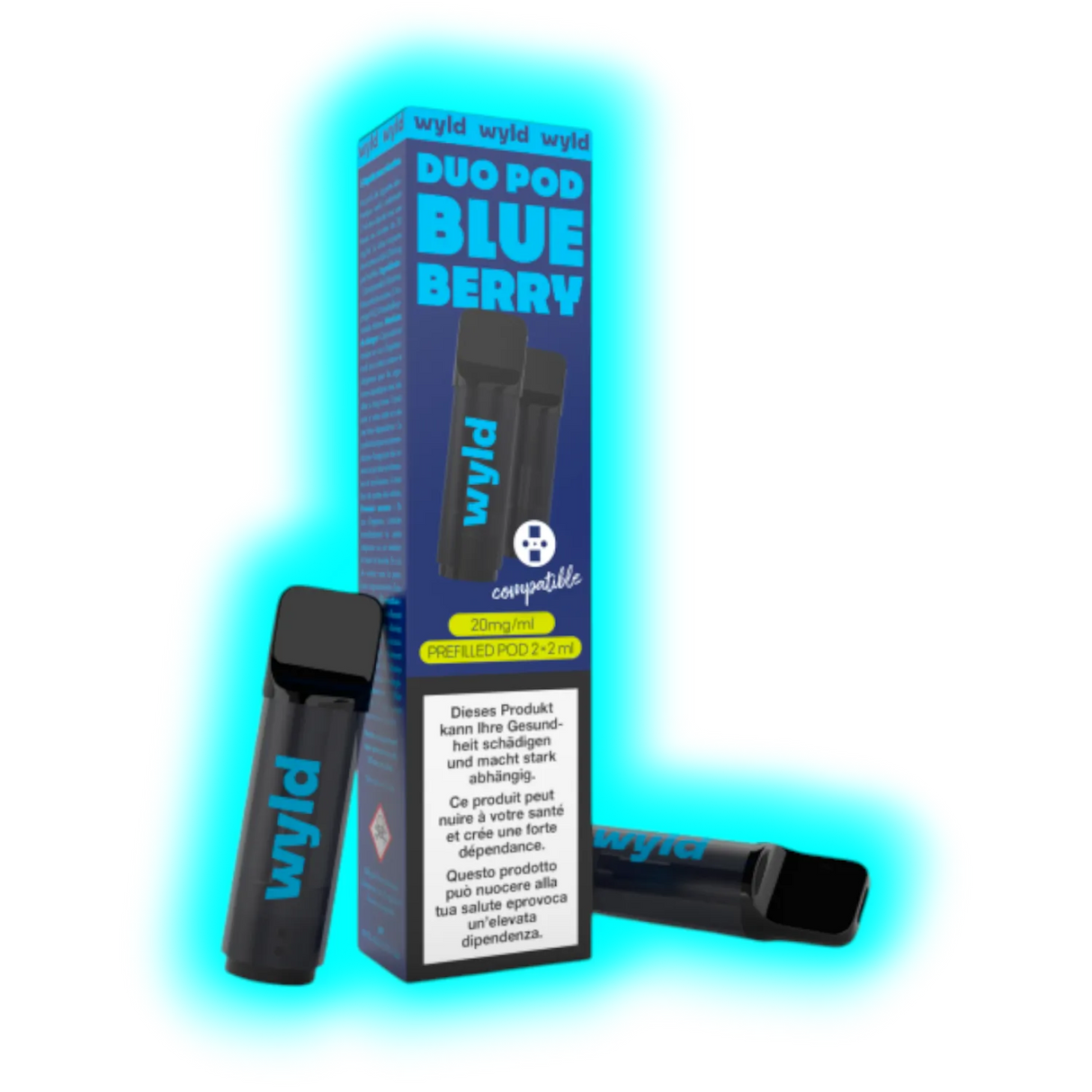 Zwei schwarze E-Zigaretten mit blauer Aufschrift 'wyld' neben einer Verpackung mit der Aufschrift 'DUO POD BLUEBERRY' und Warnhinweisen in mehreren Sprachen