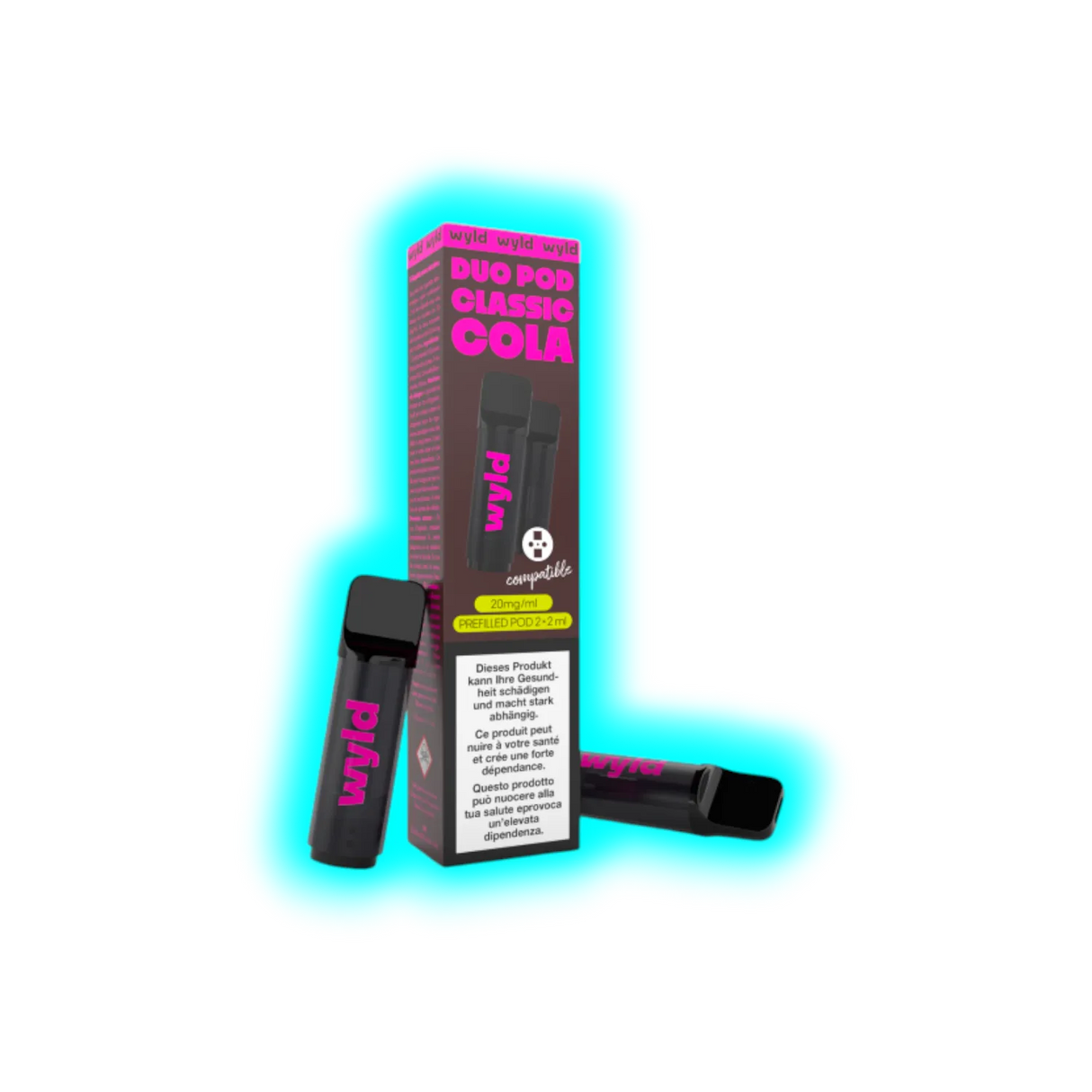 Zwei schwarze E-Zigaretten mit pinker Aufschrift 'wyld' neben einer Verpackung mit der Aufschrift 'DUO POD CLASSIC COLA' und Warnhinweisen in mehreren Sprachen