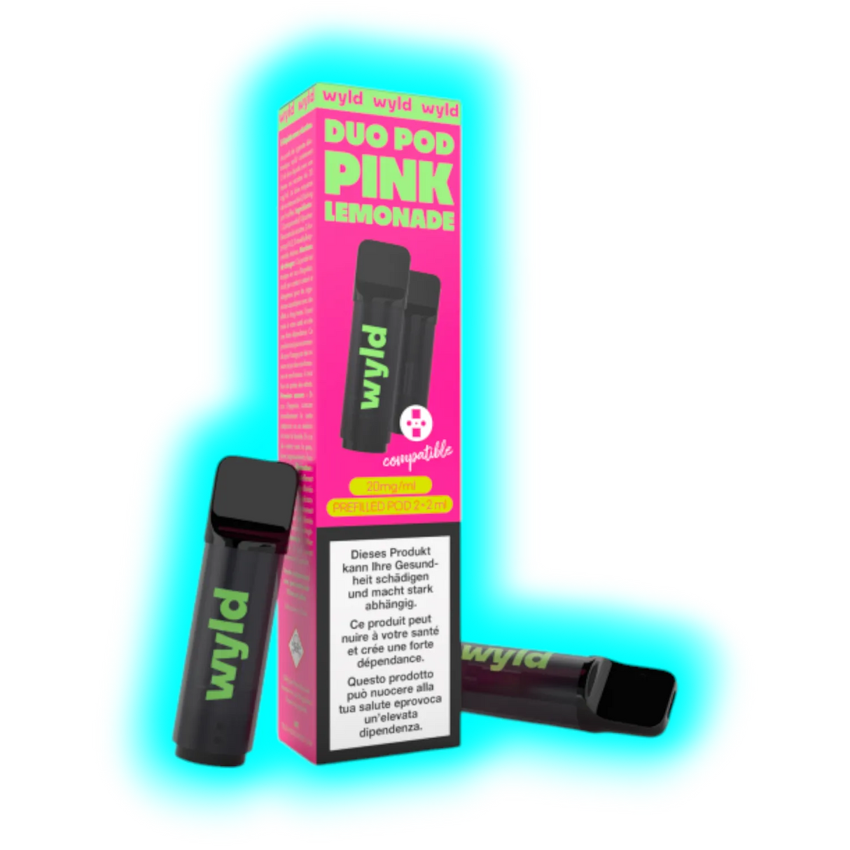 Zwei schwarze E-Zigaretten mit grünem Schriftzug "wyld" neben einer pinken Verpackung mit der Aufschrift "DUO POD PINK LEMONADE"