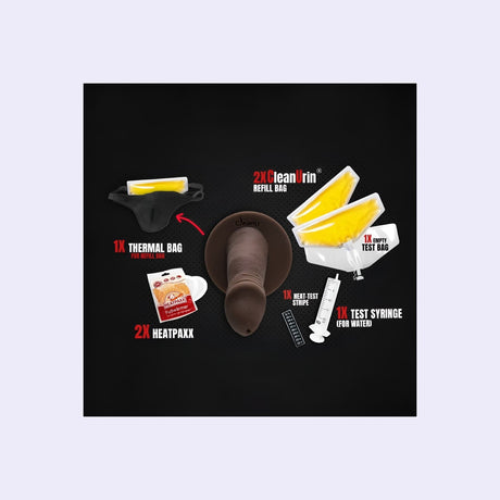 Das Bild zeigt das ScreenyWeeny 6.0 Set "Black Circ", das mit einer Vielzahl von Zubehörteilen geliefert wird: zwei CleanUrin Nachfüllbeuteln, einer Wärmeprüfstreifen, zwei HeatPaxx Wärmepacks, einer Spritze für Wasser, einer leeren Testtasche und einer Thermotasche für den Nachfüllbeutel. Dieses Set ermöglicht die einfache und diskrete Nutzung von Urinsimulation, ideal für Testsituationen, bei denen eine authentische Urindarstellung erforderlich ist.