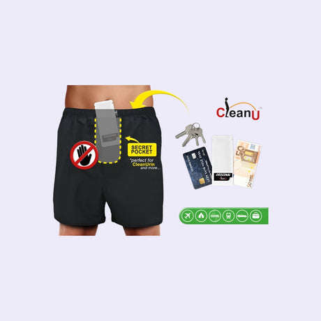 Das Bild zeigt eine Herren-Boxershorts mit einer speziellen geheimen Tasche, die perfekt für die Aufbewahrung von CleanUrin und anderen persönlichen Gegenständen wie Schlüsseln, Kreditkarten oder Bargeld geeignet ist. Diese Boxershorts bieten eine diskrete Lösung für unterwegs und sind ideal für Reisen, Festivals oder ähnliche Aktivitäten. Die Tasche sorgt für sicheren und unsichtbaren Transport von wichtigen Gegenständen.