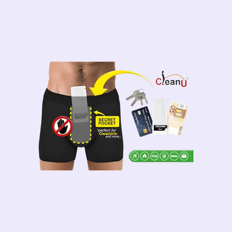 Das Bild zeigt eine Herren-Boxershorts mit einer speziellen geheimen Tasche, die perfekt für die Aufbewahrung von CleanUrin und anderen persönlichen Gegenständen wie Schlüsseln, Kreditkarten oder Bargeld geeignet ist. Diese Boxershorts bieten eine diskrete Lösung für unterwegs und sind ideal für Reisen, Festivals oder ähnliche Aktivitäten. Die Tasche sorgt für sicheren und unsichtbaren Transport von wichtigen Gegenständen.