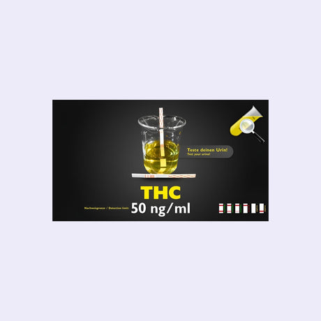 Das Bild zeigt einen THC-Urintest, der eine Nachweisgrenze von 50 ng/ml hat. Der Teststreifen wird in ein Urinbecher eingetaucht, um THC im Urin nachzuweisen. Dieser Test ist einfach zu verwenden und ideal für den Heimgebrauch oder als schnelle Methode zur Überprüfung von THC im Urin. Es wird eine klare Anleitung zur Durchführung des Tests gegeben, mit einer präzisen Nachweisgrenze.