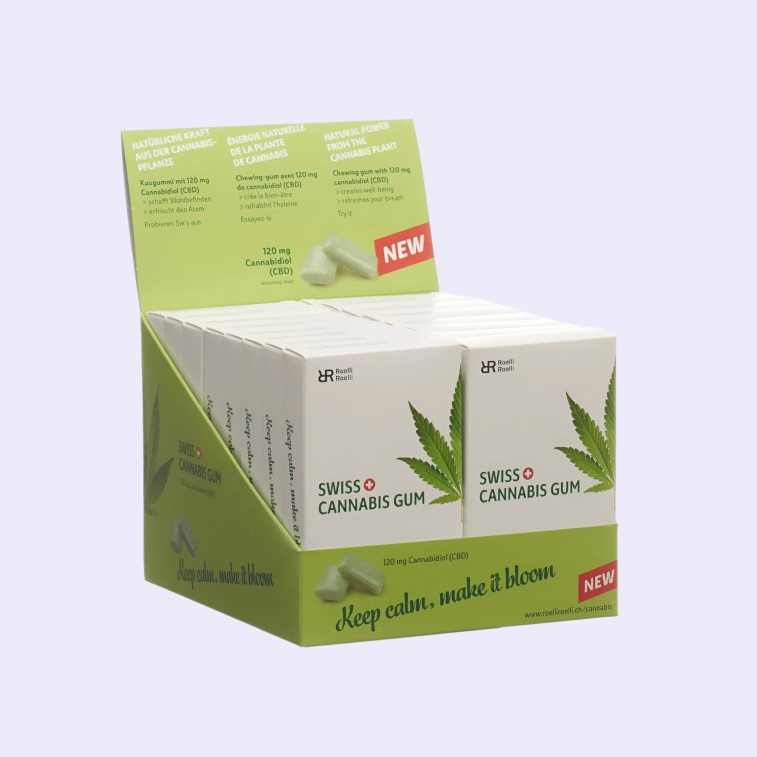Diese Bild zeigt den Swiss Cannabis Gum 120mg CBD 16er Display von der Firma Roelli