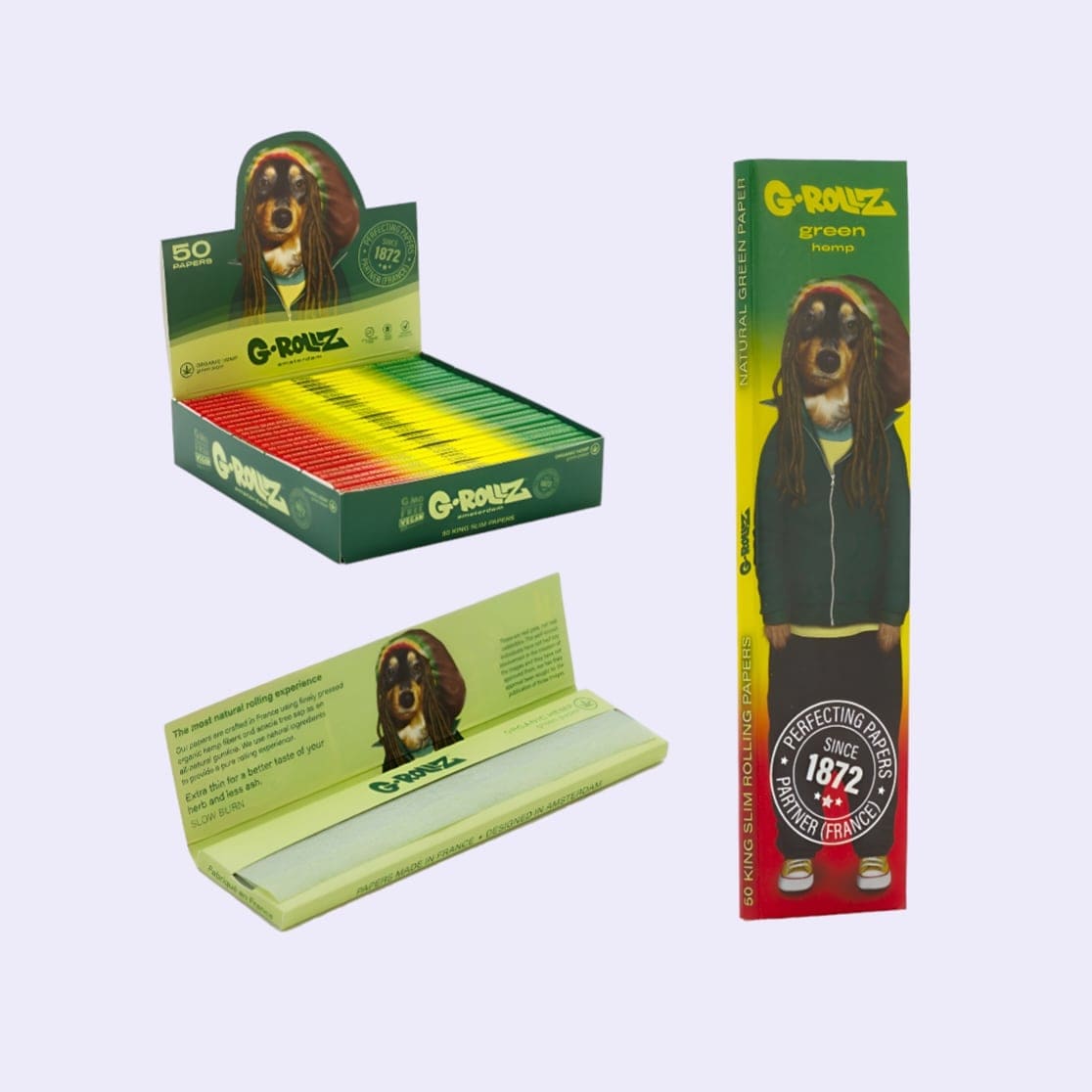 Dieses Bild zeigt die G-Rollz Pets Rock Reggae Organic Green Hemp King Slim Papers Display