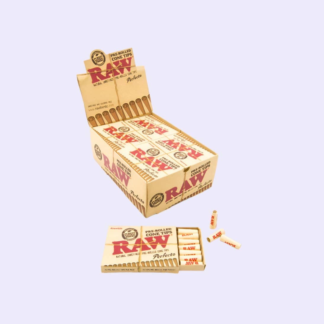 Dieses Bild zeigt die RAW pre-rolled cone Tips 21 Perfecto - Box 20 Stk