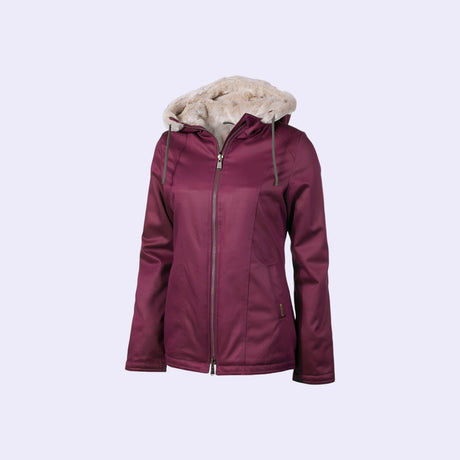 "Hemp Hoodlamb Classic Burgundy Lady L Jacke für Damen mit Kunstfell-Innenfutter, Tunnelzug-Kapuze und Hanf-Baumwoll-Material für kaltes Wetter."